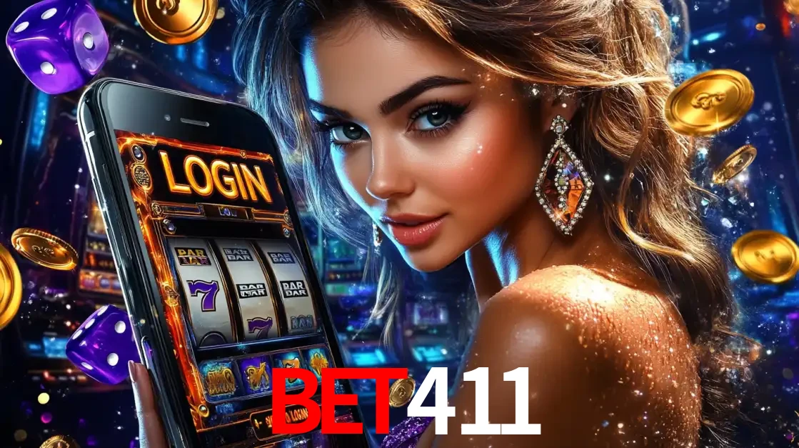 Mulher glamorosa segurando um smartphone com a tela de login para os jogos de caça-níqueis do cassino online bet411, com moedas de ouro e dados ao redor.